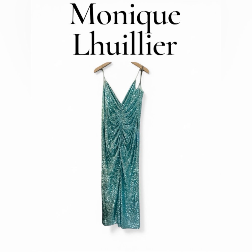 Monique Lhuillier Stunning Aqua Blue Sequin Ruched Midi Cocktail Gown - Picture 4 of 10